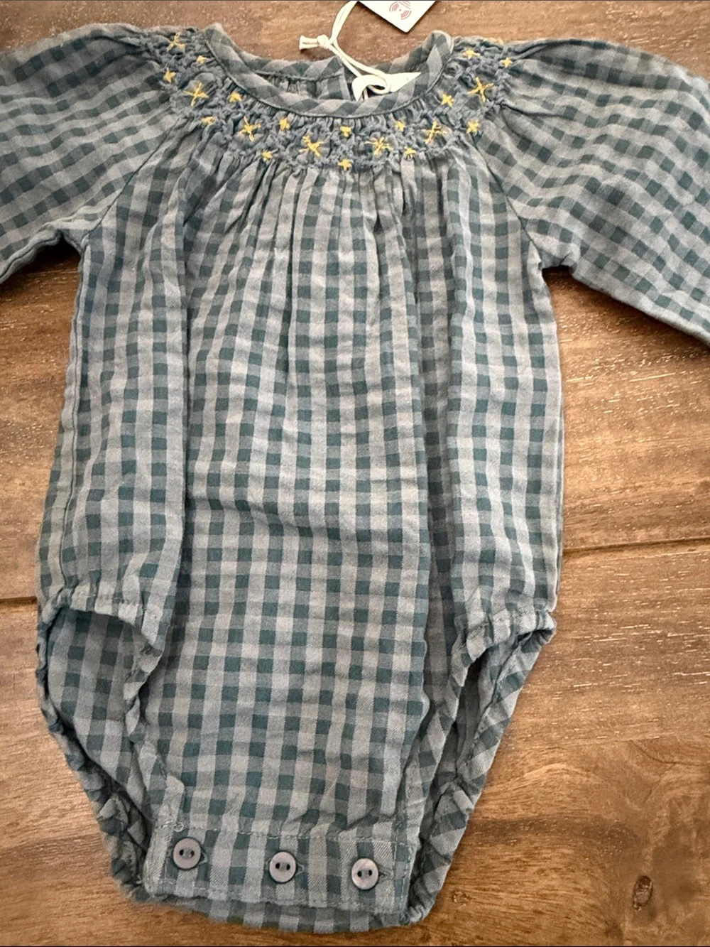 Zara Blue Gingham Long-Sleeve Smocked Bodysuit with Yellow Embroidery